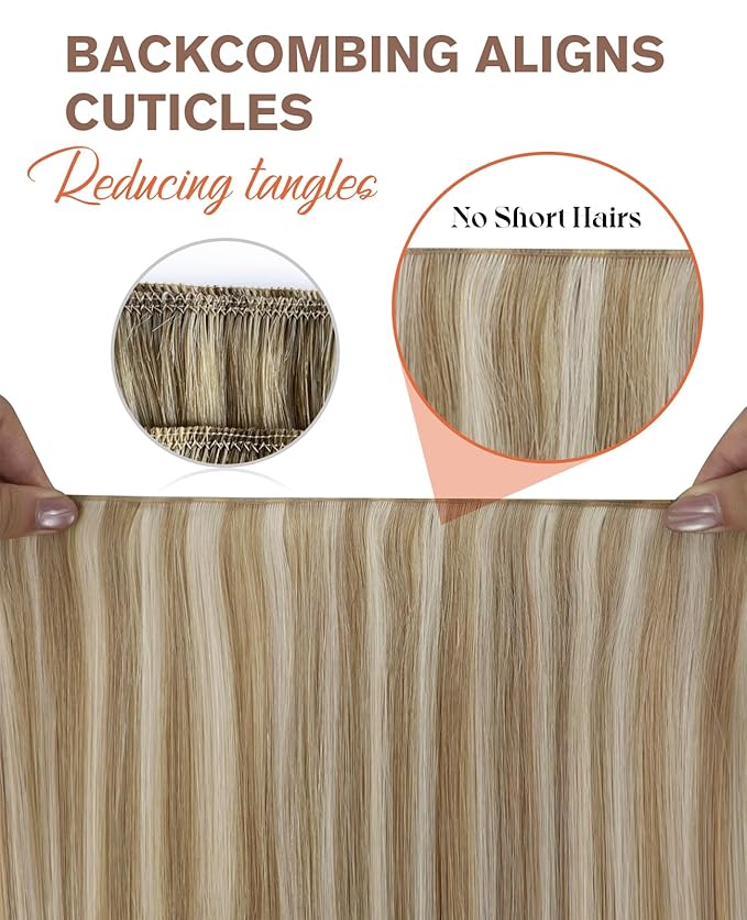 Sunny Hair Genius Weft Hair Extensions Human Hair 60g Blonde Highlights Genius Sew in Hair Extensions Real Human Hair Handtied Weft Hair Extension Remy Hair Golden Blonde Highlights Light Blond 18inch