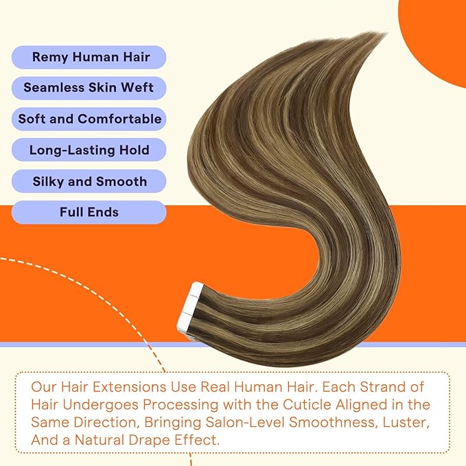 Full Shine Human Hair Extensions Tape in Color 4 Brown with 27 Blonde Highlights 24 Inch Straight Double Sided Remy Tape in Hair Extensions Human Hair 50g Natural Seamless Skin Weft 20PCS for Party