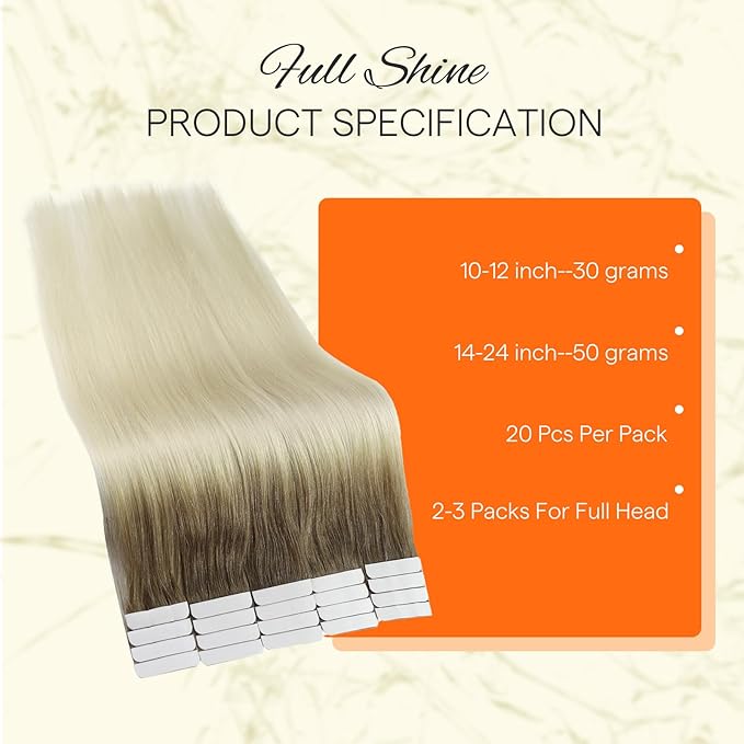 Full Shine Tape in Hair Extensions 22 Inch Balayage Color 8 Ash Brown Ombre 60 Platinum Blonde Natural Seamless Double Sided Remy Tape Ins Human Hair Extensions 20 PCS Soft and Silky 50g Add Length
