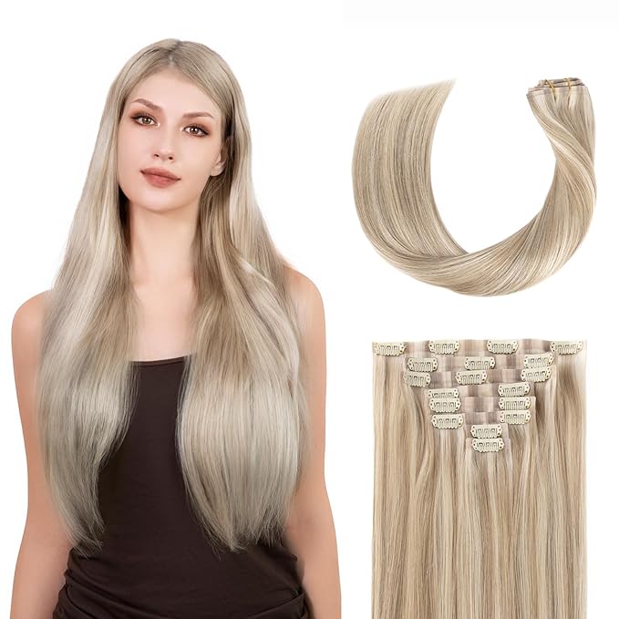 Clip in Hair Extensions Real Human Hair Seamless Clip Ins 100% Remy Hair Extensions PU Weft Golden Blonde Mix Light Blonde Thick&Invisible #P16A/22A 16Inch 120G 8PCS