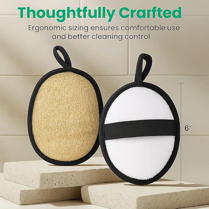 Thalen Natural Loofah Exfoliating Scrubber Body and Face - 3-Pack | Plastic-Free Loofah, No PFAS, Bath Sponge for Women, Shower Scrubber Exfoliator, Face Scrubber for Smooth Skin - Black Obsidian