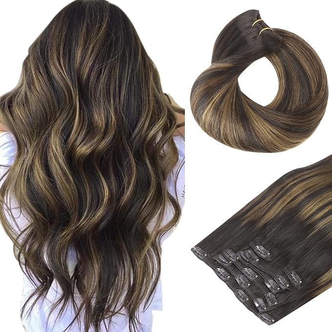 HOTBANANA Human Hair Clip in Hair Extensions, Balayage Natural Black to Chestnut Brown 75g Clip in Hair Extensions Real Human Hair Straight Remy Hair Clip Ins Dark Roots Ombre 12 Inch 7pcs