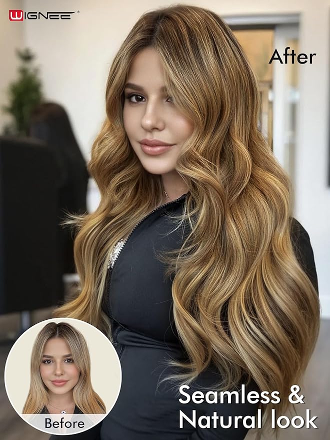 WIGNEE 100% Remy Double Weft Invisible PU OVO Human Hair Extensions 16 Inch Micro Beads Real Human Hair Extensions T4/27 Highlight Honey Blonde Hair Extensions Real Human Hair