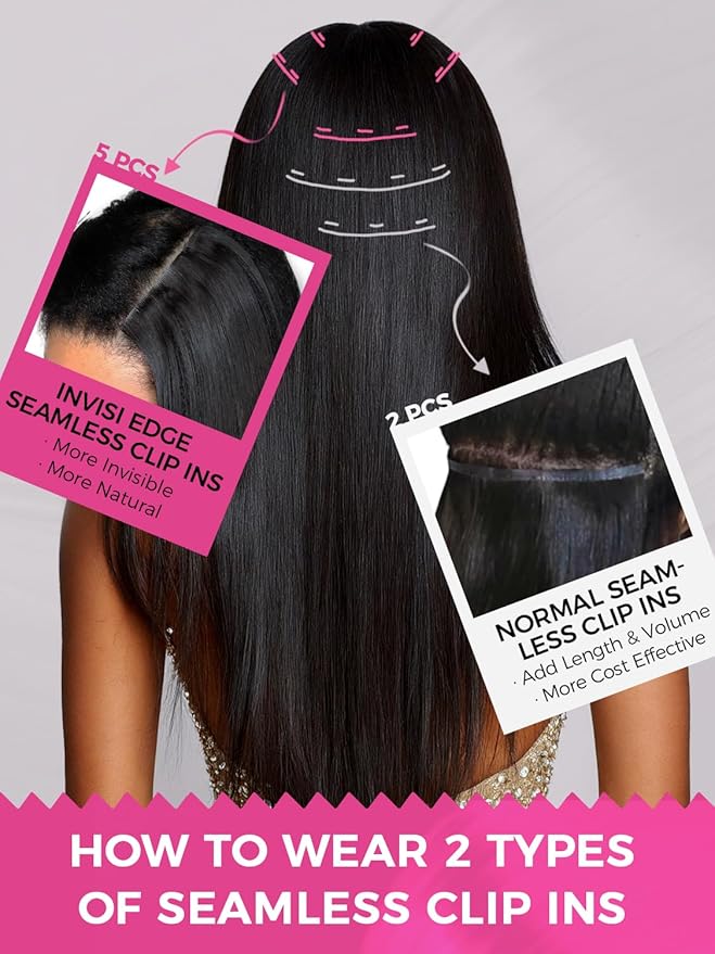 Lashey Invisi Edge & Seamless Clip in Hair Extensions Human Hair, 14 Inch 110g 7pcs(5pcs Invisi Edge& 2pcs Seamless) Real Virgin Human Hair Extensions, Natural Black Straight Hair