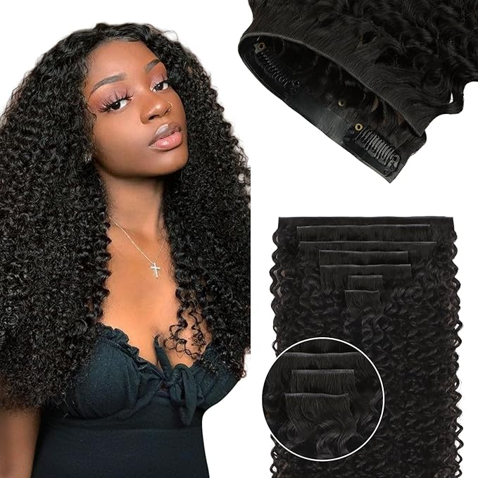 Lashey Invisi Edge Clip in Hair Extensions 14 Inch 110g 7pcs Injected Seamless PU Clip in Hair Extensions Virgin Human Hair, Natural Black Kinky Curly Hair