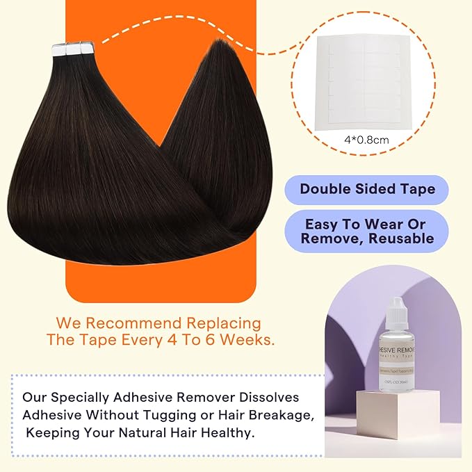 Full Shine Brown Tape in Hair Extensions Human Hair 18 Inch Invisible Remy Hair Extensions Tape in Color 2 Darkest Brown Double Sided Seamless Extensions for Women Real Hair 20 PCS 50g