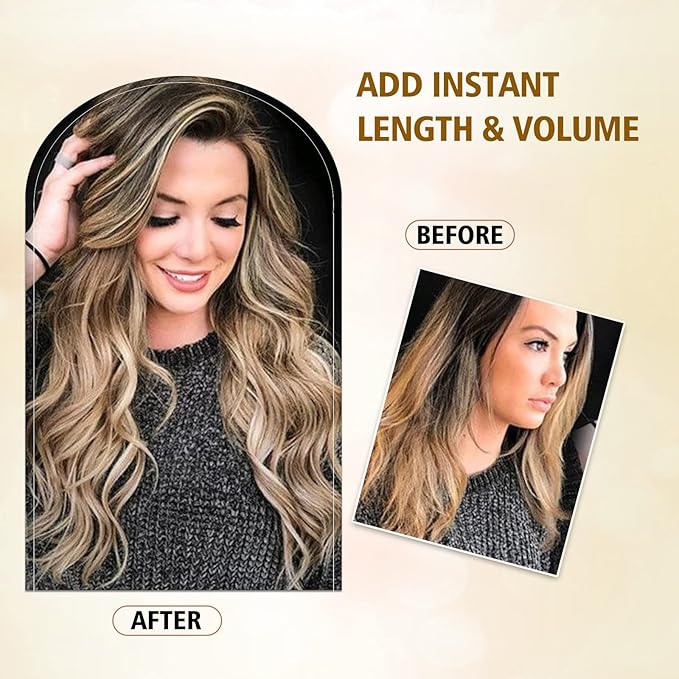 20 Inch Long Wavy Hair Extensions Honey Blonde Mixed Light Brown 4PCS Synthetic Long Clip in Hair Extensions for Women Full Head Not Tangled Natural Soft Thick Hair (20INCH, 22H10)
