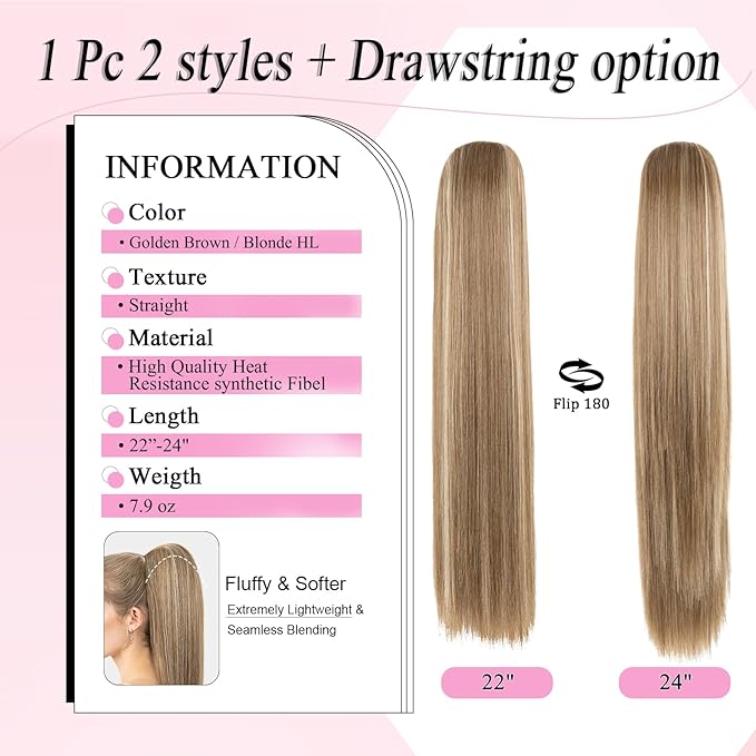 Ponytail Extension, 24" Long Straight Claw Clip Ponytail Extension clip on ponytails hair clip Hair claw clip Fake Ponytail Hairpieces for Women - Golden Brown with Blonde HL