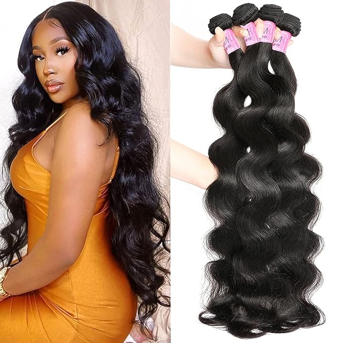 UNice Hair Body Wave Human Hair 4 Bundles 28 28 28 28 inch, 10A Brazilian Unprocessed Human Virgin Hair Wavy Weaves Sew In Extensions Natural Color
