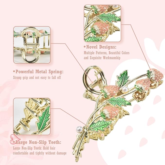 3-Piece Floral Metal Hair Accessories: Strawberry Cherry Tulip Barrettes, Elegant Strong Hold Non-Slip Clamps for Thin/Medium Thick Hair