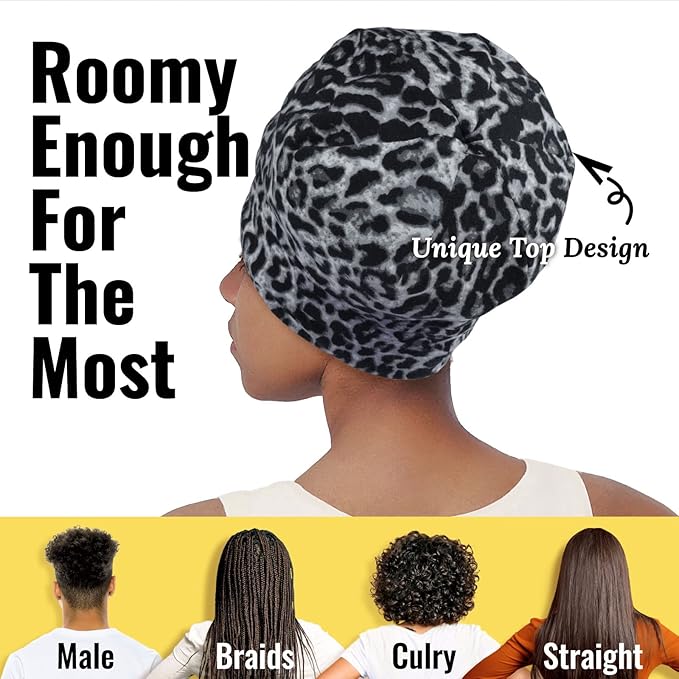 Satin Lined Sleep Cap Bonnet for Curly Hair and Braids, Stay On All Night Hair Wrap with Adjustable Strap for Women and Men, Black Leopard, Pack of 1