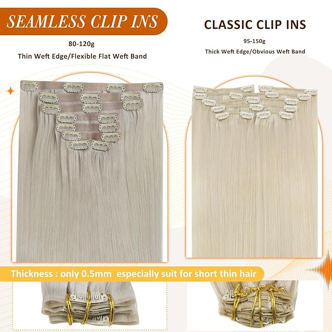 Full Shine Clip in Hair Extensions Real Human Hair Blonde Seamless Hair Extensions Clip in Ice Blonde Invisible Hair Extension for Short 12 Inch 8 PCS 95 G