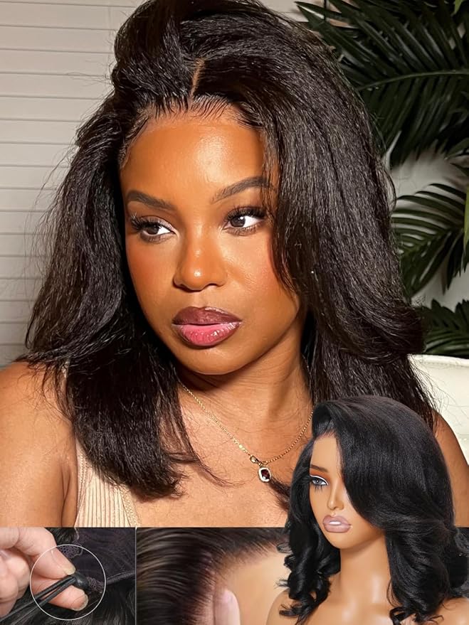 Julia Hair 12 Inch Light Yaki Loose Wave Bob Wig Put On and Go Glueless 13X4 HD Lace Front Short Natural Black Wigs Pre Plucked Pre Cut Lace Bleached Knots with Elastic Drawstring