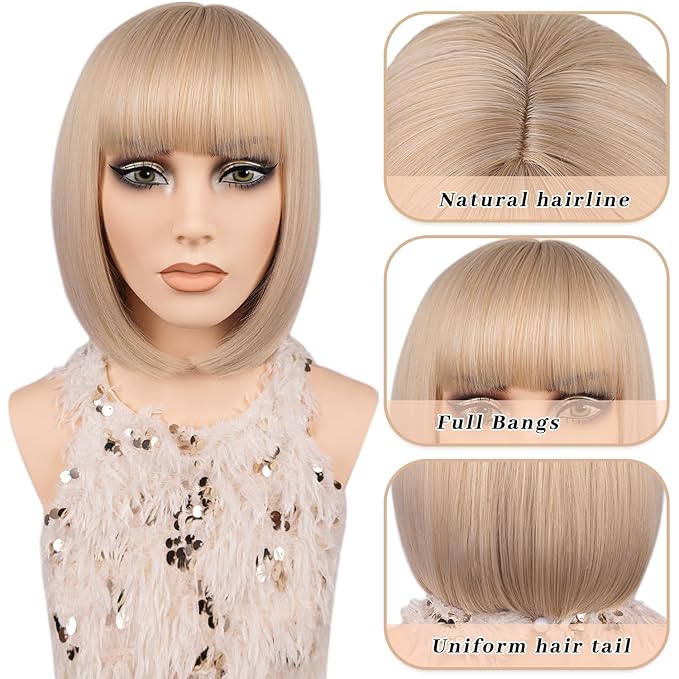 MAYSA Blonde Bob Wig with Bangs for Women, Short Straight Bob Wigs, Synthetic Natural Looking Daily Party Wigs # Gloden Blonde mix Platinum Blonde