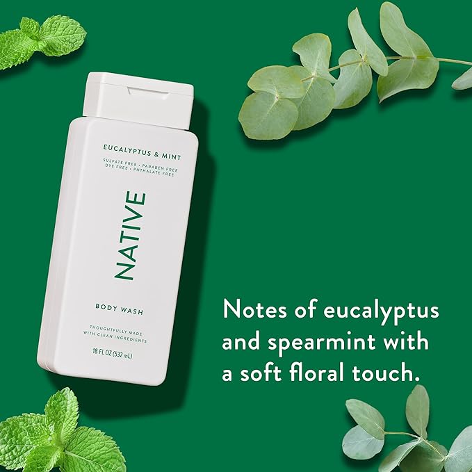Native Body Wash Contains Naturally Derived Ingredients | For Women & Men, Sulfate, Paraben, & Dye Free Leaving Skin Soft and Hydrated | Eucalyptus & Mint 18 oz