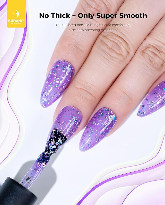 BURANO Glitter Gel Nail Polish, LED UV Nail Gel Shimmer Holographic Effect Soak off Curing Required, No Chip Polish Sparkle Home DIY Nail Salon (Purple LP21)