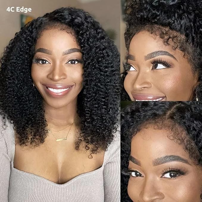 Julia Hair Bye Bye Knots Curly 4C Baby Hairs Lace Human Wig with Kinky Edges Hairline 7x5 Invisible Knots Pre Cut HD Lace Front Glueless Wig Pre Bleached Pre Plucked for Beginners 150% Density 22 Inch
