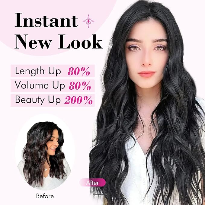 REECHO Clip in Hair Extensions, 20” One Piece Hair Extension Clip in Wefts Long Thick Beach Wavy Natural Soft Synthetic Hairpieces for Women, Chocolate Brown with Blonde Highlights