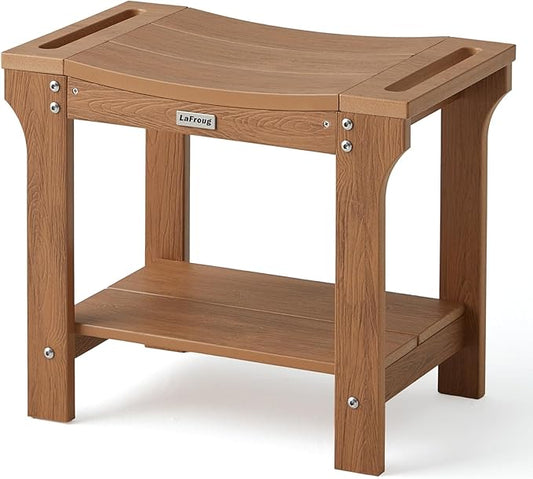 20.5 HDPS Shower Bench Seat, Waterproof Shower Stool for Shaving Legs, Heavy Duty Plastic Bath Spa Chair Seat with Storage Shelf, No Maintenance, Brown, Weight Capacity 500LBS