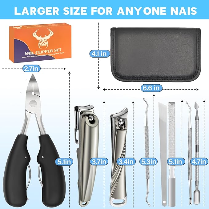 8-in-1 Heavy Duty Toenail Clippers for Thick Nails - Wide Jaw Ingrown Kit for Seniors. Surgical Steel Pedicure Set. Arthritis Friendly Household Essential. Best Gift for Men & Parents
