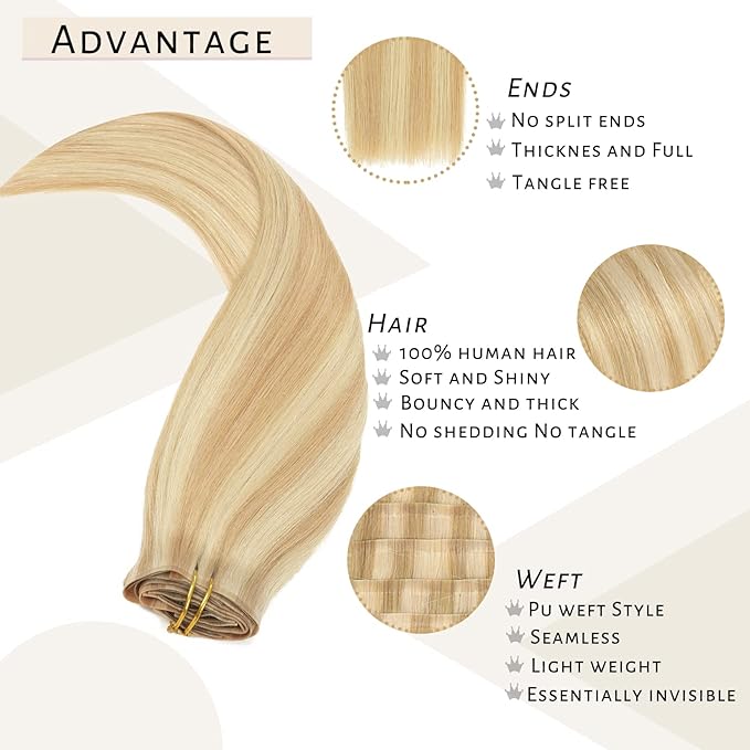 Caliee Human Hair Clip in Hair Extensions P12-60A Light Golden Brown and Highlight Platinum Blonde Clip in Hair Extensions Real Human Hair Silky Straight Double Weft Lace Clip ins 120G 16 Inch