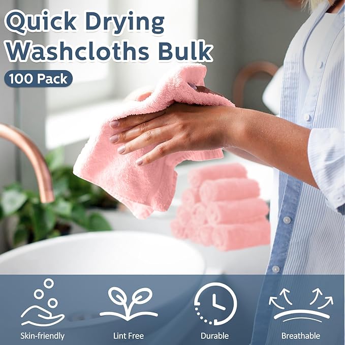 Newwiee 100 Count Washcloths Quick Drying Bathroom Wash Clothes 12 x 12 Inch Face Towels Microfiber Soft Wash Rags Bulk for Your Face and Body Facial Towels for Spa Fingertip Towel (Light Pink)