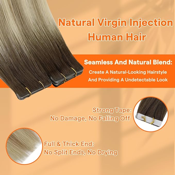 Full Shine Ombre Injected Tape in Hair Extensions Color 2/18/22 Balayage Machine Virgin Human Hair Tape in Extensions 20Inch Injection Straight Tape Ins Human Hair Extensions 25Gram 10Pcs for Travel