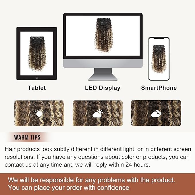 Clip in Hair Extensions, FLUFYMOOZ 4PC 100％ Pure Protein Silk Hair Extensions Long Soft Natural Hairpiece 20 Inch Curly Hair Extension for Women (Medium Brown Ash Blonde Highlight)