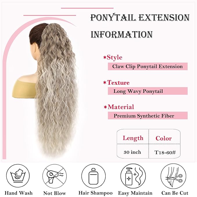 ENBEAUTIFUL 30" Claw Clip Ponytail Extension Long Wavy Ponytail Extension Synthetic Pony Tails Hair Extensions Clip in Synthetic Hair pieces for Women
