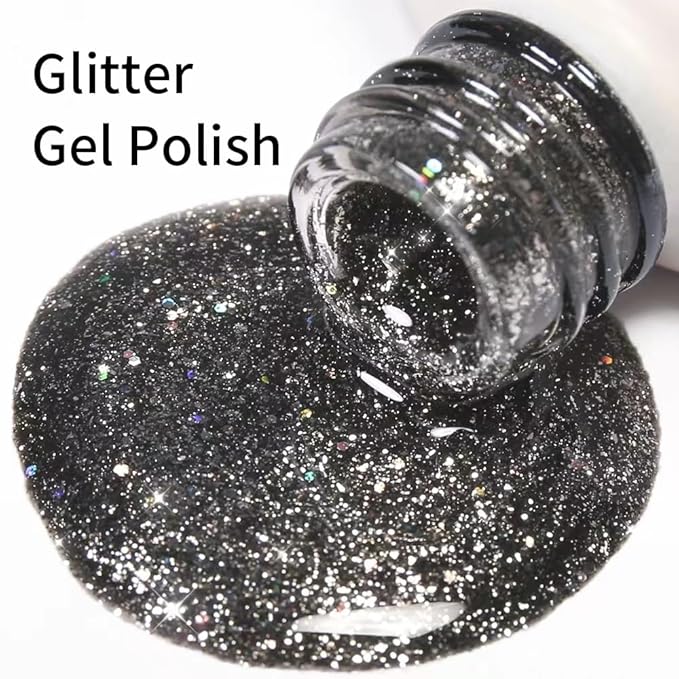 Black Gel Polish Glitter Hema Free 0.34 OZ Same Color Same Top Cover Black Reflective Sparkle UV Polish Christmas Manicure Art DIY