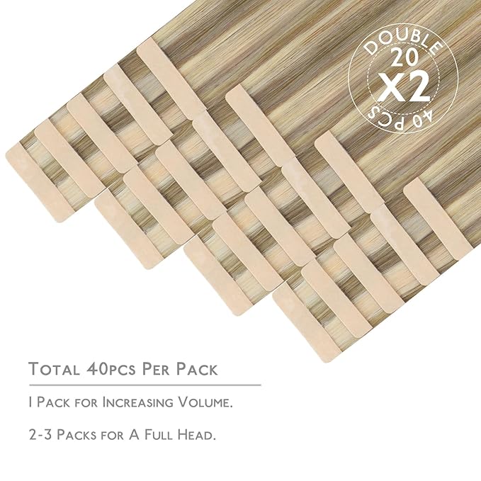 WENNALIFE Tape in Hair Extensions Human Hair, 40pcs 100g 18 inch Ash Brown with Platinum Blonde Highlights Remy Hair Straight Tape in Extensions Invisible Reusable Real Hair