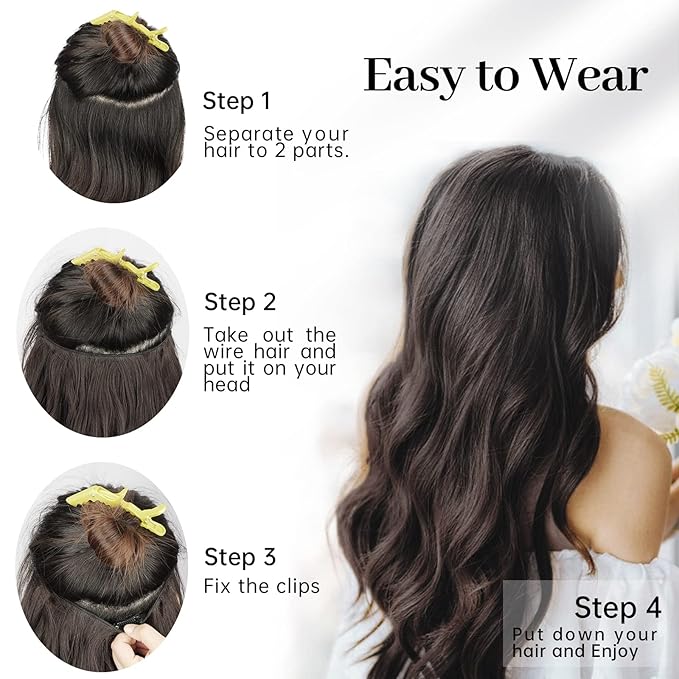 KooKaStyle Invisible Wire Hair Extensions with Transparent Headband Adjustable Size 4 Secure Clips Long Wavy Secret Wire Hairpiece 20 Inch Chestnut Brown with Blonde Highlights for Women