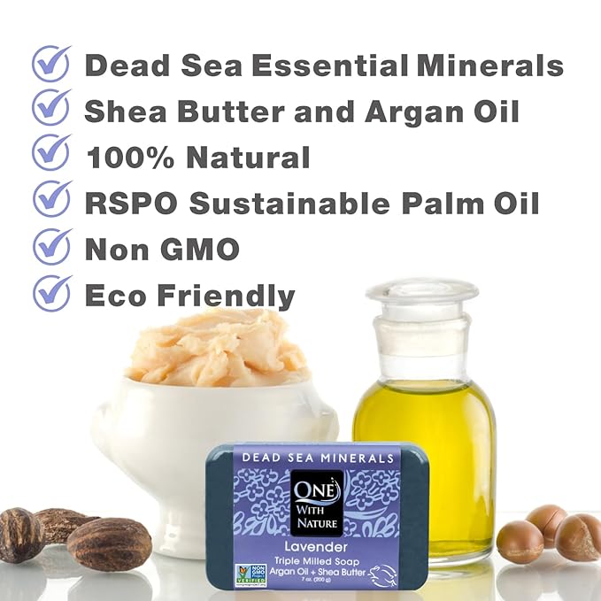 One With Nature Dead Sea Salt Lavender Soap 7oz 3-Pack – Soothing and Exfoliating Soap Bar with Dead Sea Minerals for Face & Body, for Men & Women