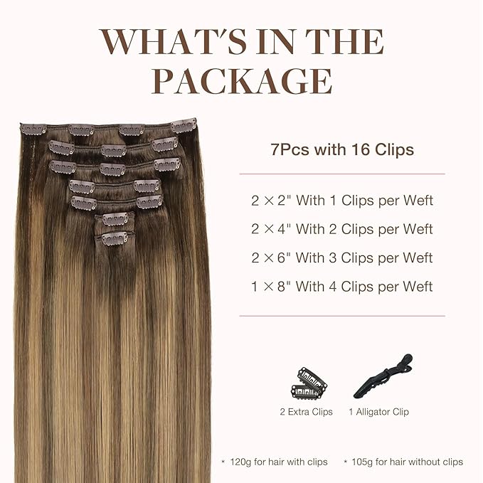 GOO GOO Clip in Hair Extensions Real Human Hair, Remy Human Hair Extensions Clip ins for Women, Natural Human Hair, 20inch 120g 7Pcs, 4D/14/5B Brunette Balayage