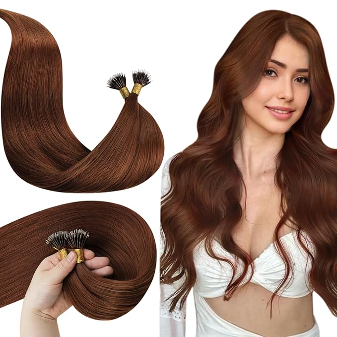 LaaVoo Nano Bead Hair Extensions Human Hair Auburn Nano Ring Hair Extension Auburn Nano Extensions Human Hair 24 Inch 50g/50s