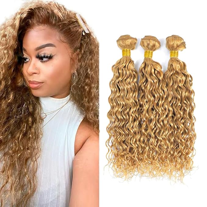 12 14 16 Inch Blonde Bundles Human Hair #27 Honey Blonde Water Wave 3 Bundle Unprocessed Brazilian virgin hair Weave Extensions Double Weft 50 Grams/Bundle Colored Blonde Bundles for Woman