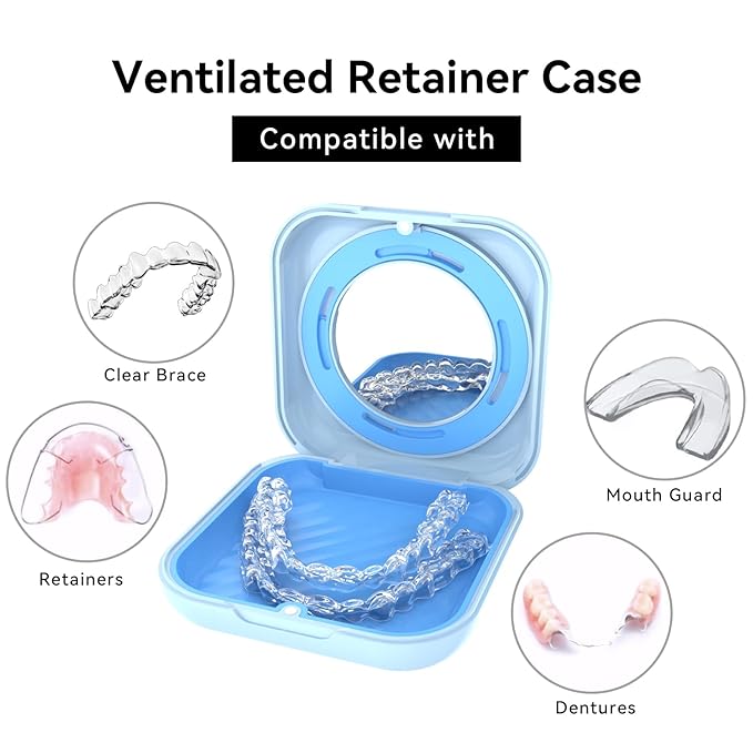 HEMILAB® Retainer Case, Slim Aligner Case with Vent Holes, Compatible with Invisalign, Mouth Guard Case with Mirror, Cute Orthodontic Retainer Case with Retainer Removal Tool and Brush, Blue