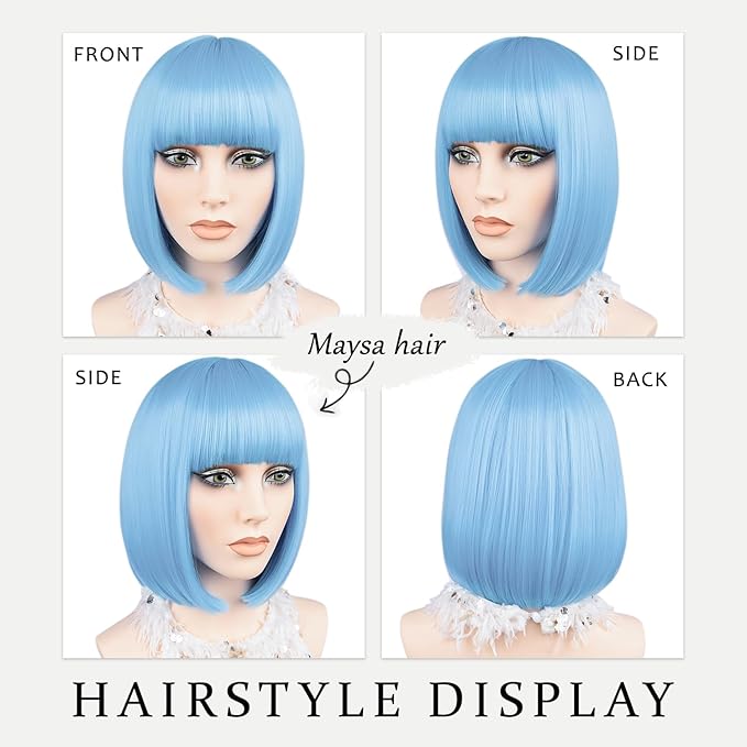 MAYSA Blue Bob Wig With Bangs Short Straight Bob Wig for Women Cosplay Daily Party Synthetic Colorful Wigs 12Inch # Baby Blue