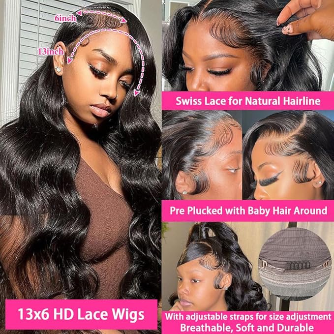 34 Inch 13x6 Body Wave Lace Front Wigs Human Hair Pre Plucked 13X6 HD Lace Frontal Wigs Human Hair 180% Density Glueless Wigs for Black Women Brazilian Virgin Body Wave Wig Natural Color
