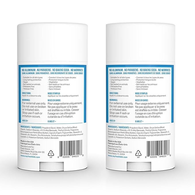 Fresh Kidz Deodorant Stick for Kids and Teens - Baking Soda and Aluminum-free 24 Hour Protection for Sensitive Skin - Boys "Blue", 2.65 oz / 75 g (2 Pack)