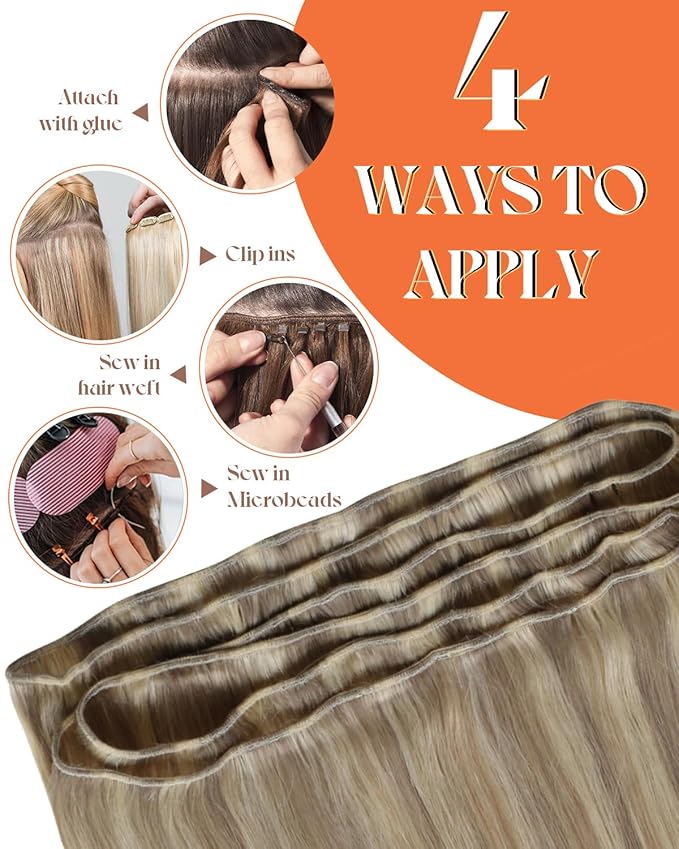 Sunny Hair Sew in Hair Extensions Blonde Human Hair Weft Extensions Dark Ash Blonde Mix Light Blonde Highlights Human Hair Extensions Sew in Can be Dyed and Styled 18inch 100g