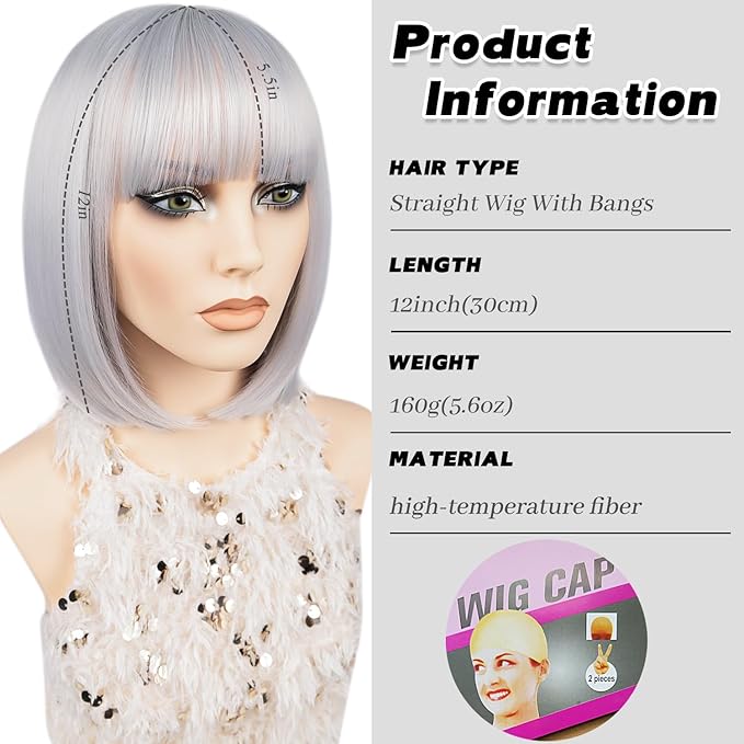 MAYSA Silver Bob Wig with Bangs Short Straight Bob Bangs Wig for Women Synthetic Cosplay Halloween Costume Wig 12in # Silver
