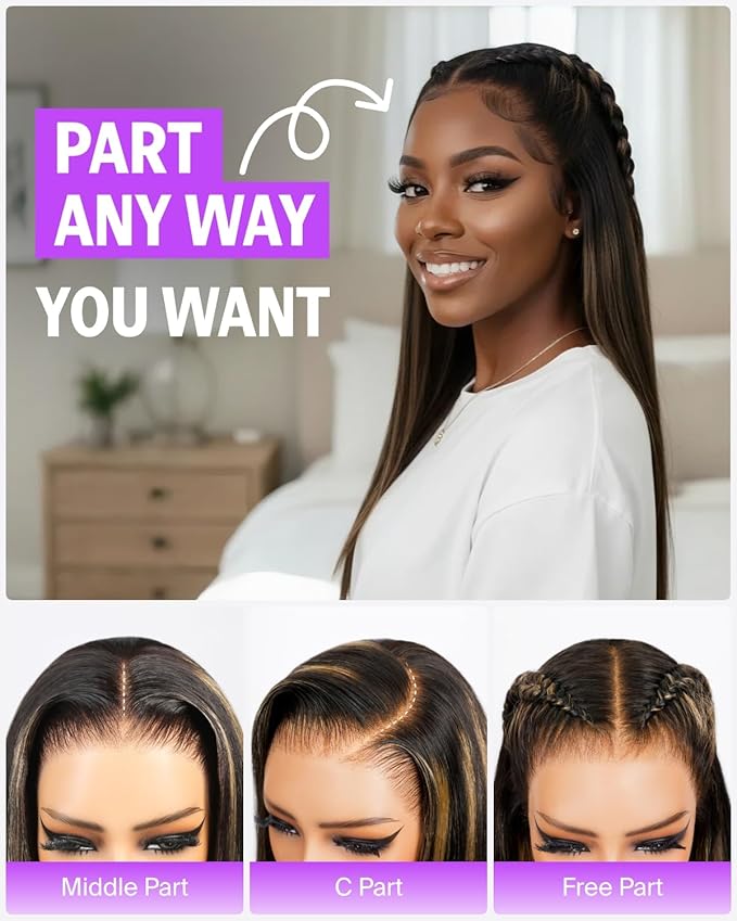 Glueless 13x6 Ombre Lace Front Wigs Human Hair Pre Plucked Pre Cut 220% Density Ear-to-Ear HD Lace Wig Highlight Drawstring Wig Human Hair fb27# 20 Inch