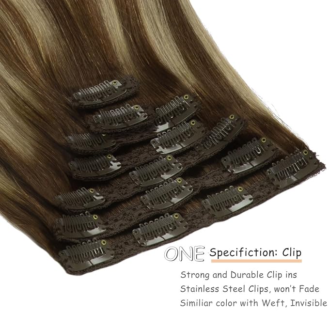 Caliee 14 Inch Clip in Hair Extensions Real Human Hair 7 PCS R4A-4A/26 Balayage Chocolate Brown to Honey Blonde Daily Use 120 G Long Straight Hair Extension Clip in for Women Soft