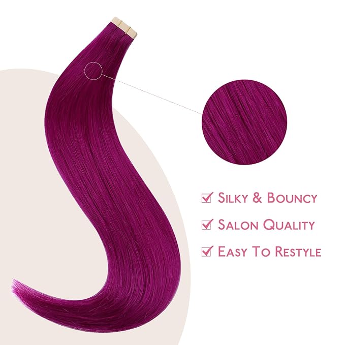 WENNALIFE Tape in Hair Extensions Human Hair Violet Tape in Extensions, 10pcs 30g 24 inch Remy Invisible Tape Ins Straight Colored Soft Real Human Hair Tape in Extensions Refill Set Extensions