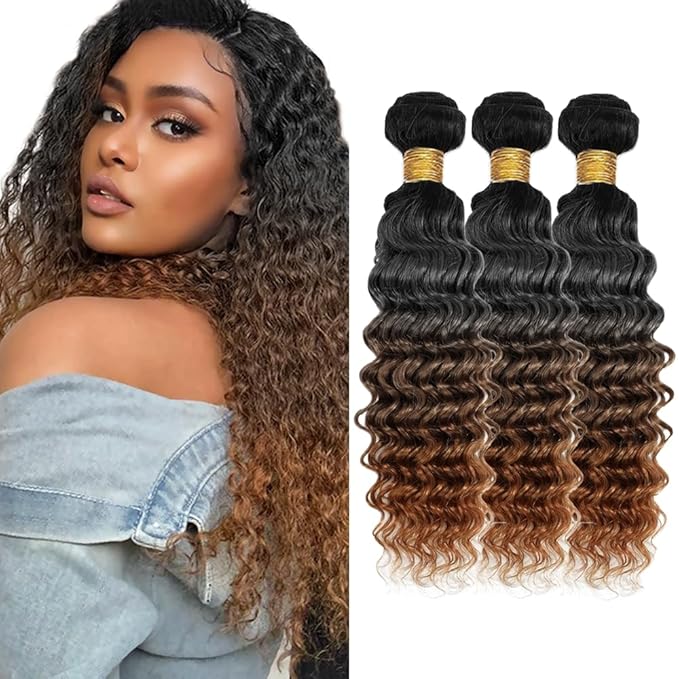 Omber Brown Bundles Human Hair #4 Deep Wave Bundles 26 28 30 inch 3 Tone Black Roots to Brown Bundle