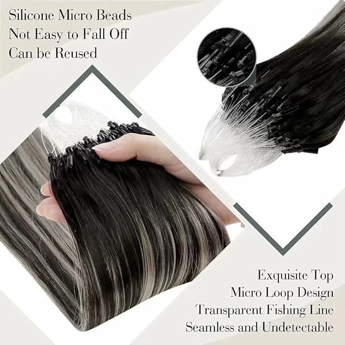 LaaVoo Micro Beads Hair Extensions Ombre Natural Black to Grey Silver Micro Loop Hair Extensions Real Human Hair Balayage Cold Fusion 16 Inch 50g/50s