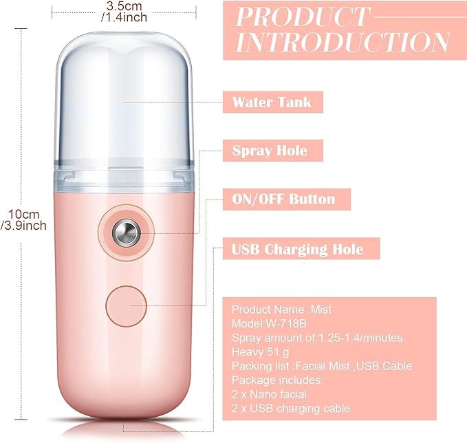 Honoson 2 Nano Facial Mister Sprayer Portable Face Nano Mister for Eyelash Extensions USB Rechargeable 1 oz Handy Skin Care Machine for Face Hydrating, Daily Makeup(Light Pink and Blue)