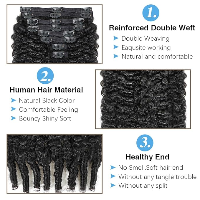 Burmese Curly Clip in Hair Extensions Real Human Hair, 8Pcs Remy Human Hair Clip in Extensions for Women, Natural Soft Human Hair, 120g 20inch #1B Natural Black