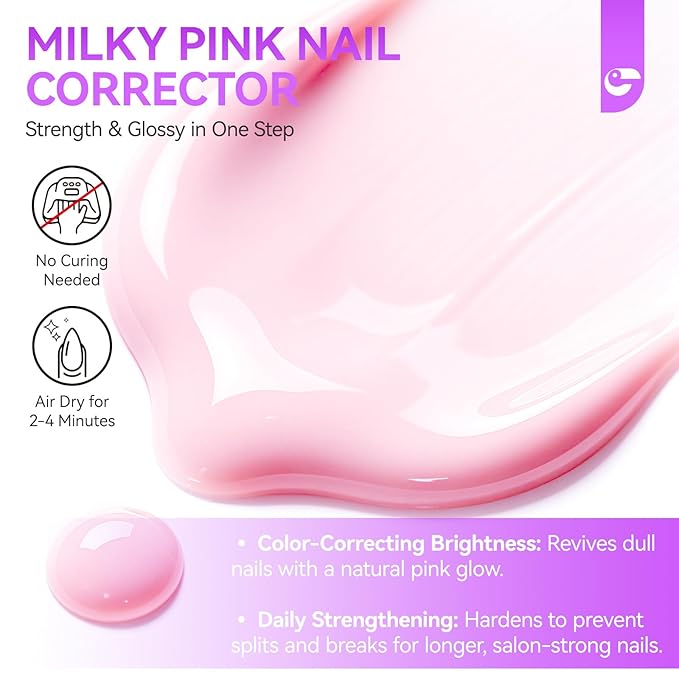 Gelike EC Nail Strengthener and Growth Polish: Milky Pink Protein and Vitamin Enriched Quick Dry Hardener Repair for Brittle Thin Damaged Nails After Gel Removal Salon Quality Vegan 16ml No UV Need